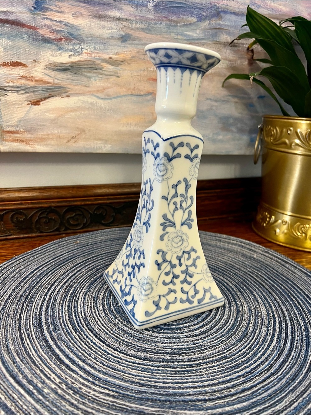 Blue and White Chinoiserie Ceramic Candle Holder